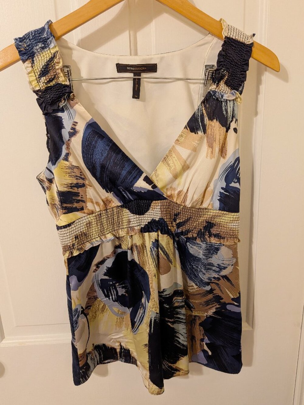 BCBG Max Azria 100% Silk Abstract Floral Empire Waist Top Size XS